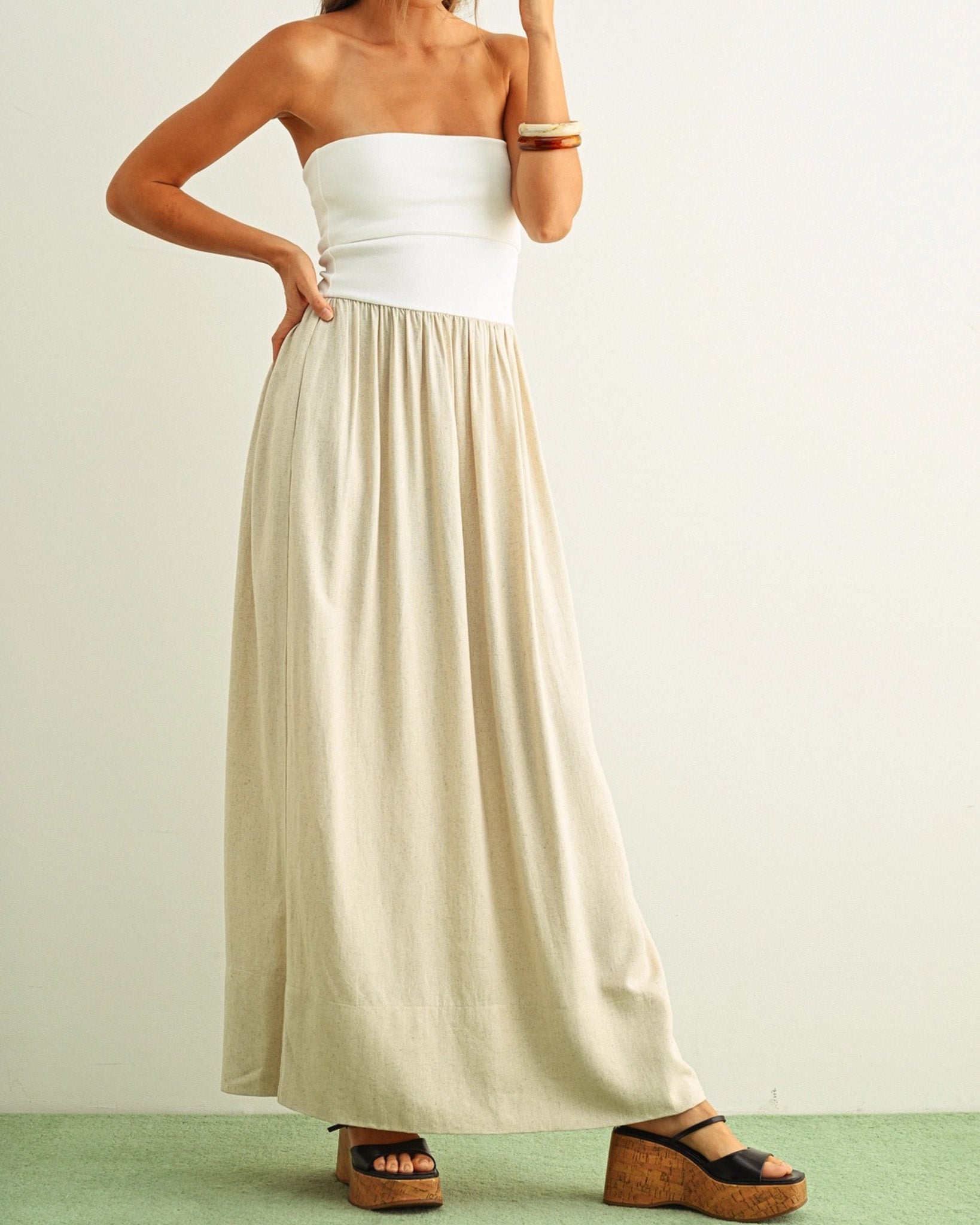 Linen Maxi Dress with Ribbed Knit Strapless Top