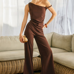 Women's chocolate brown ribbed pull-on wide leg pants with elastic waistband styled as a matching set.
