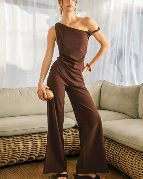 Women's chocolate brown ribbed pull-on wide leg pants with elastic waistband styled as a matching set.