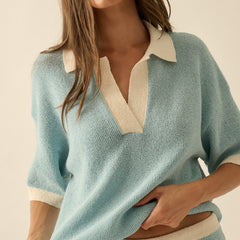 Stay Awhile Collard Knit Tee | Blue