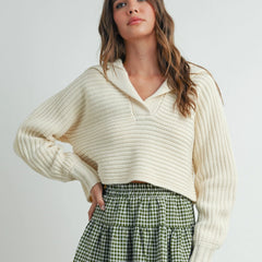 Cream cropped collared knit sweater for women