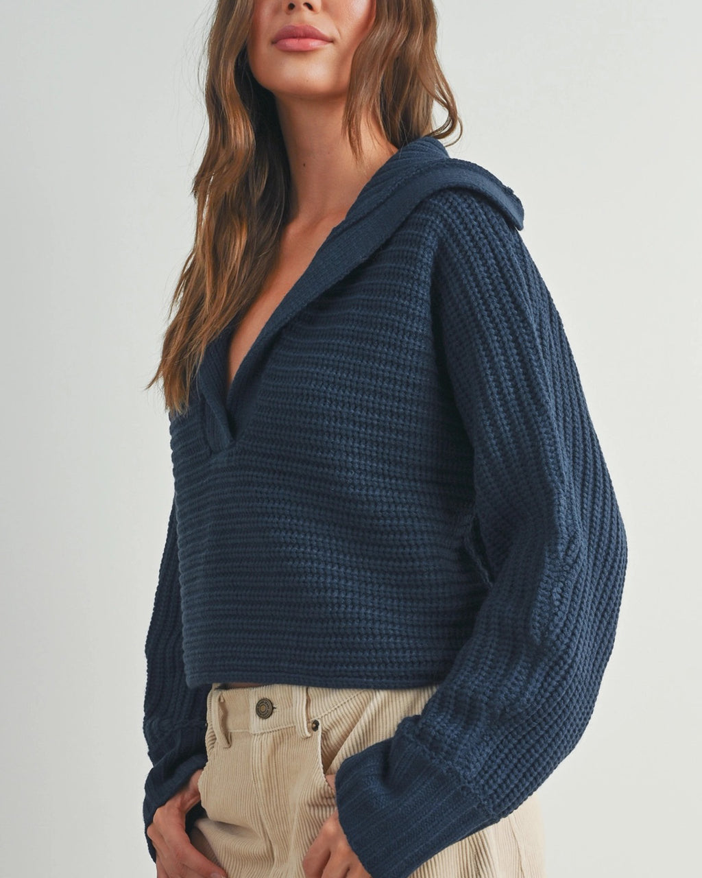 Casual collared knit sweater front view