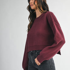 women’s wine cropped sweater with crewneck and drop shoulders