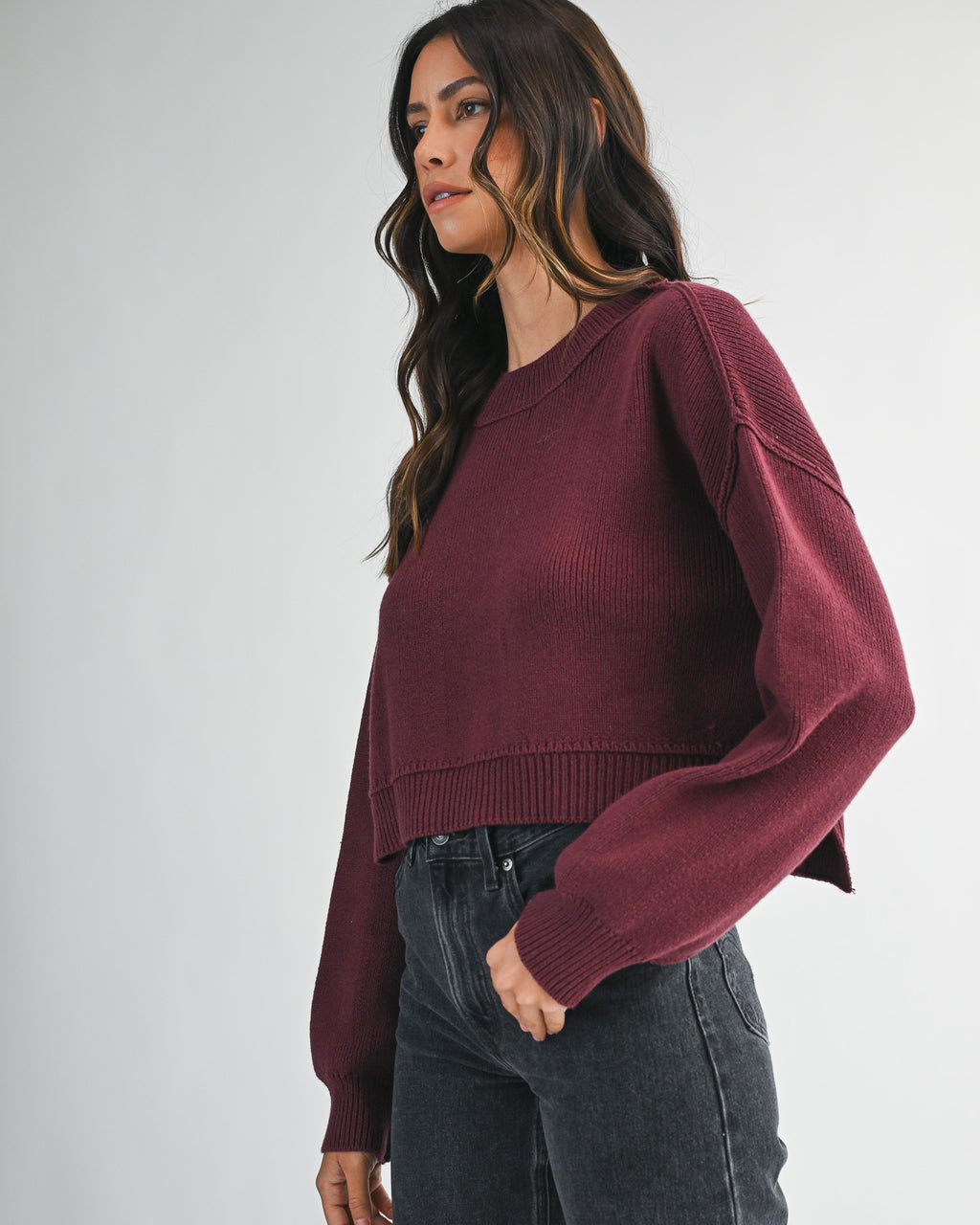 women’s wine cropped sweater with crewneck and drop shoulders