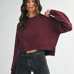 women’s crew neck cropped sweater with side slit detail in wine color