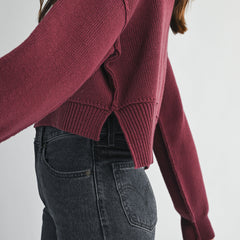 women’s crew neck cropped sweater with side slit detail in wine color
