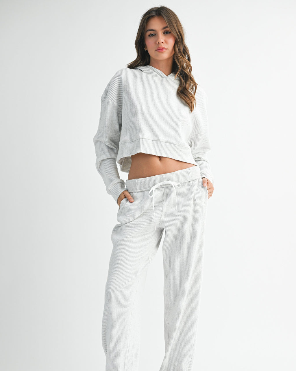 womens ribbed lounge set with cropped hoodie and jogger pants