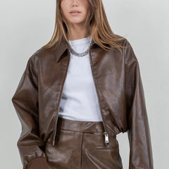 City Stroll Cropped Leather Jacket | Chocolate
