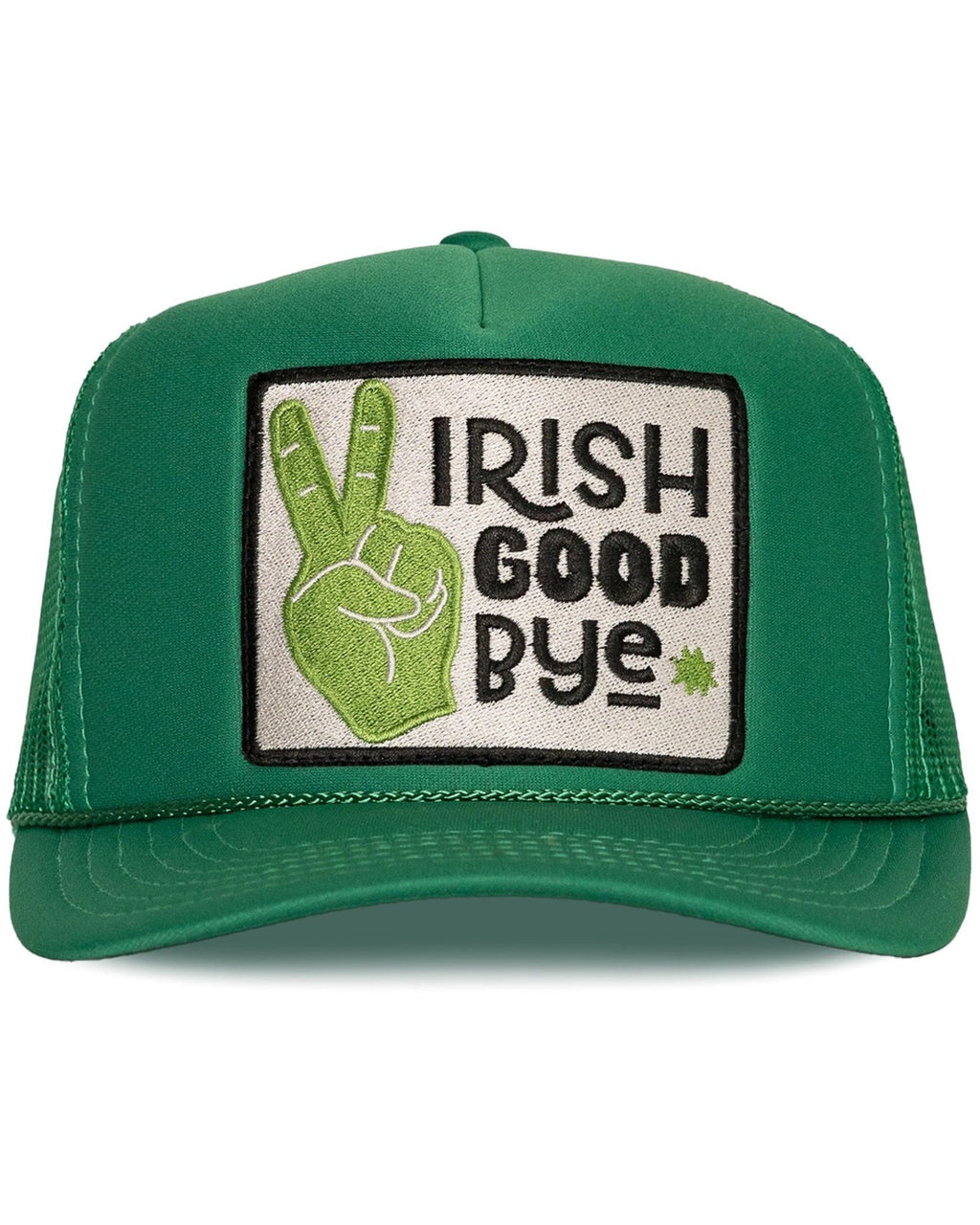 Green foam front trucker hat with Irish Goodbye embroidered patch

