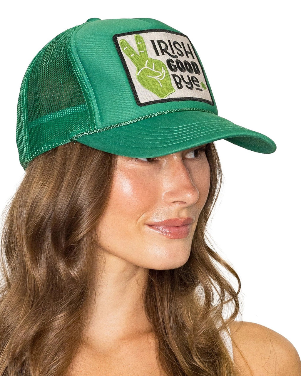 St Patrick’s Day green trucker hat with peace sign and shamrock
