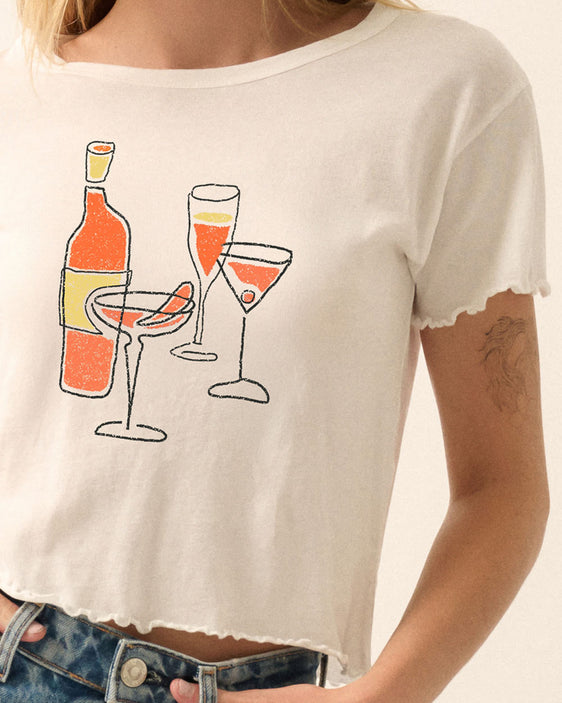 Cropped cotton graphic tee with lettuce-edge trim