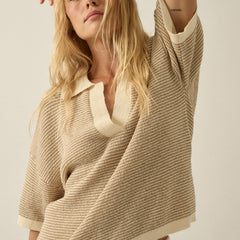 Women’s striped rib knit top with contrast trim and short sleeves