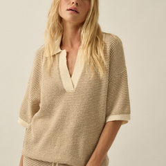 Cream and sand striped rib knit collared top with split V neckline