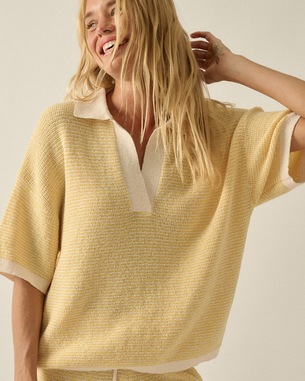 Stay Awhile Collard Knit Tee | Cream + Butter Yellow