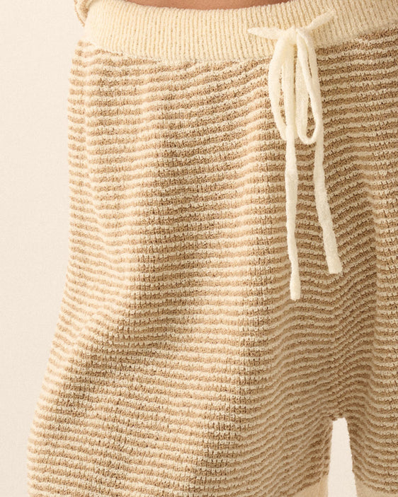 Cream and sand striped drawstring knit shorts