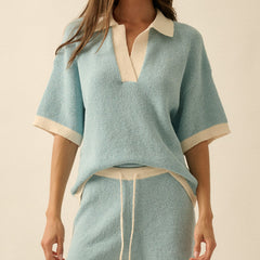 knit drawstring shorts and knit collard tee lounge set