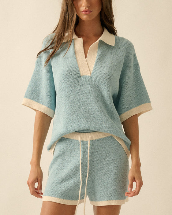 knit drawstring shorts and knit collard tee lounge set