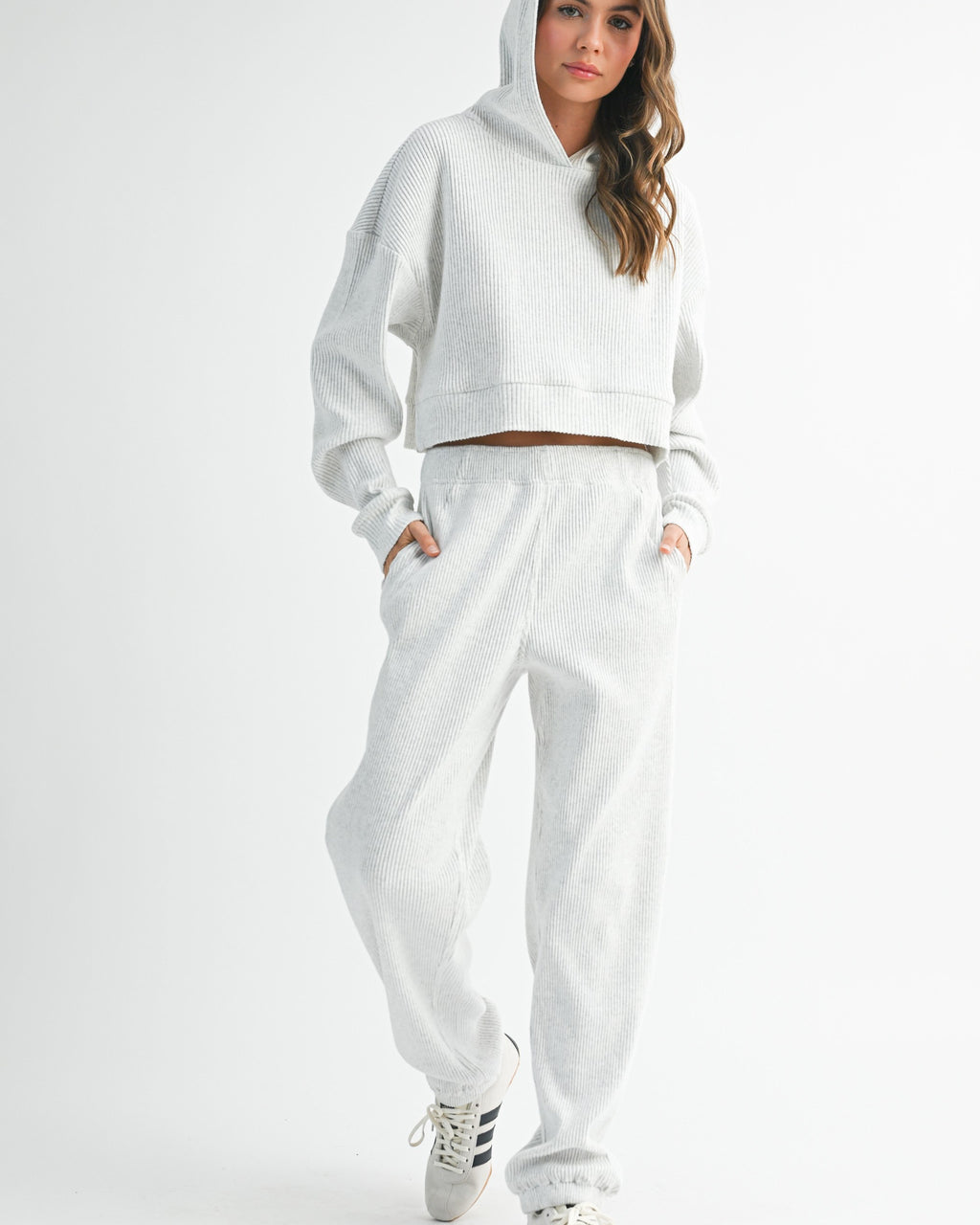 womens ribbed lounge set with cropped hoodie and jogger pants
