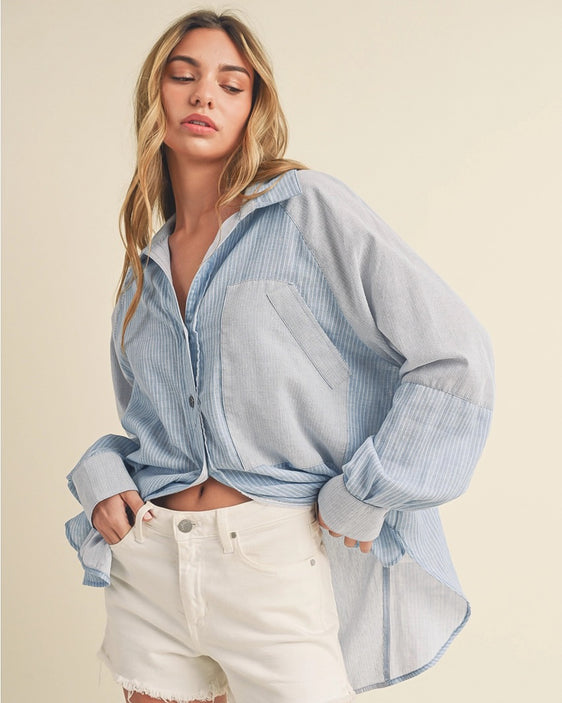Oversized striped button down shirt for women
