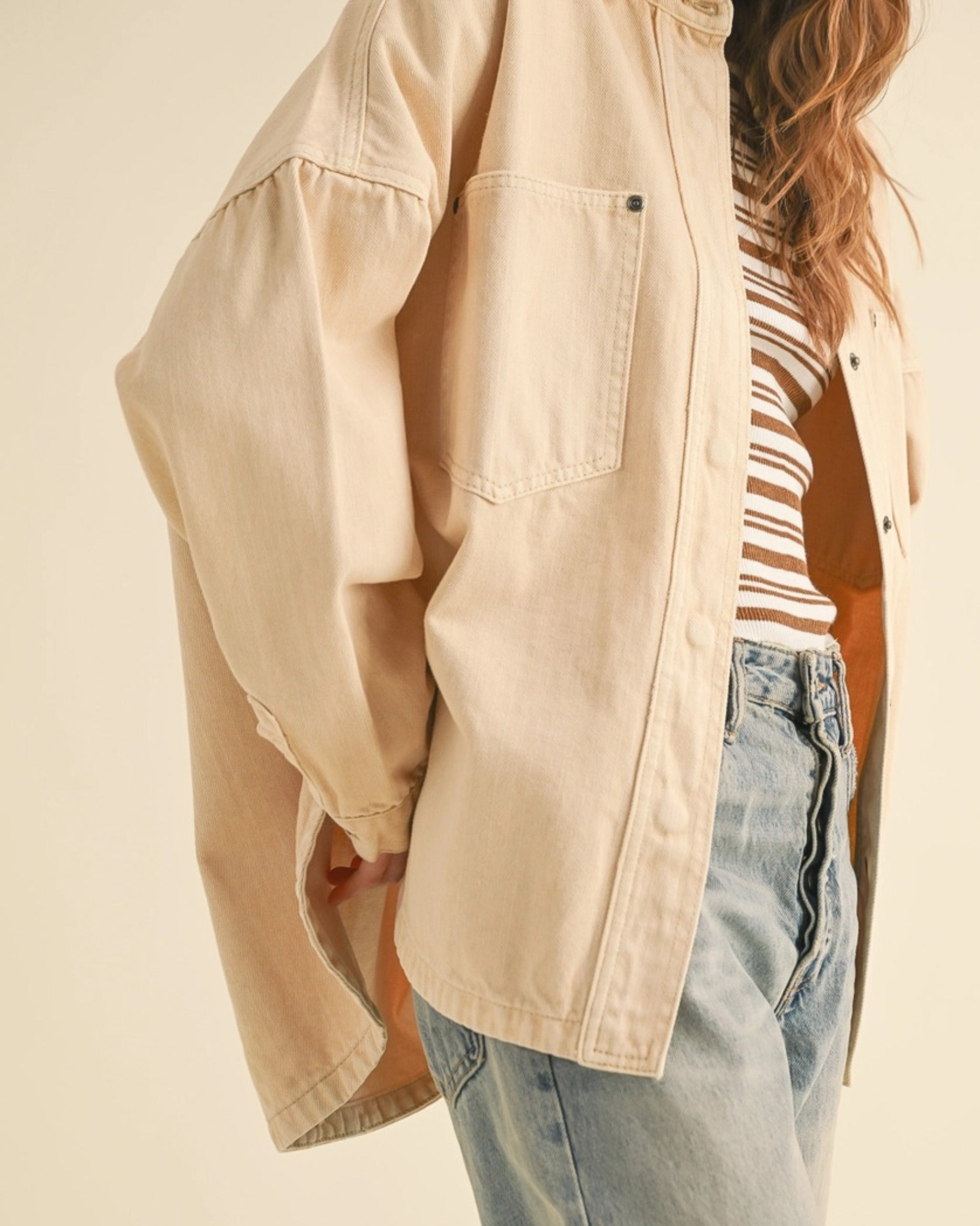 women’s oversized cream denim jacket relaxed fit casual fall outerwear