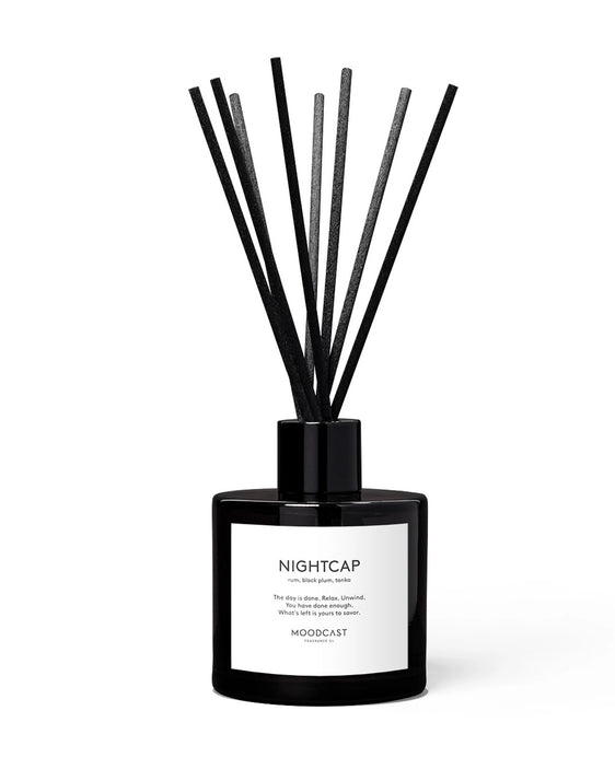 Luxury Nightcap reed diffuser with dark rum, black plum, and tonka fragrance