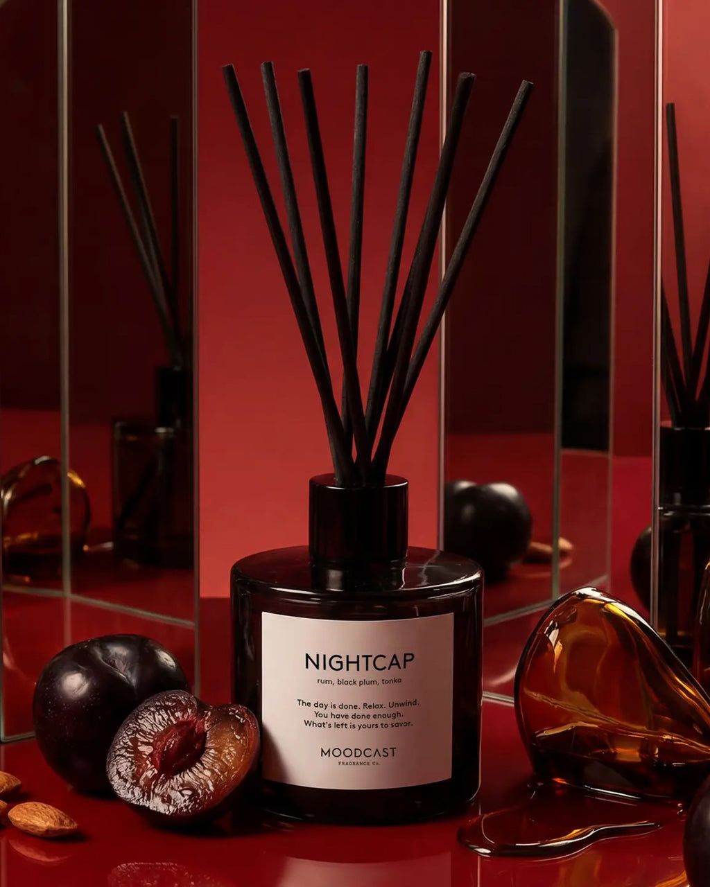 Luxury Nightcap reed diffuser with dark rum, black plum, and tonka fragrance