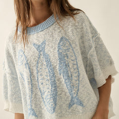Lightweight jacquard knit sweater with fish design, relaxed fit and short sleeves for women