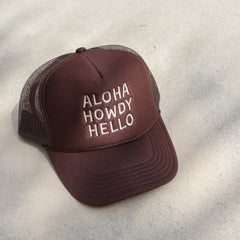 'Aloha Howdy Hello' Trucker Hat | Brown