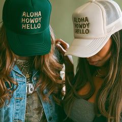 'Aloha Howdy Hello' Trucker Hat | Tan