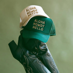 'Aloha Howdy Hello' Trucker Hat | Tan