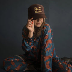 'Aloha Howdy Hello' Trucker Hat | Brown