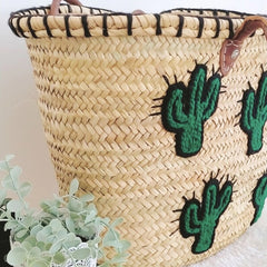 Straw Beach Tote with Cactus Embroidery
