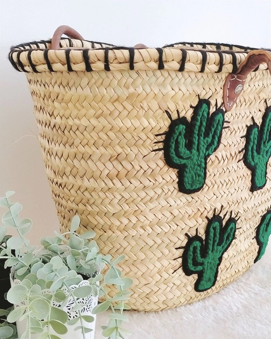 Straw Beach Tote with Cactus Embroidery