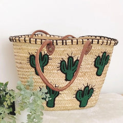 Straw Beach Tote with Cactus Embroidery
