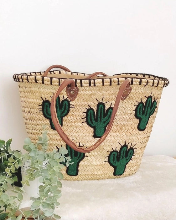 Straw Beach Tote with Cactus Embroidery