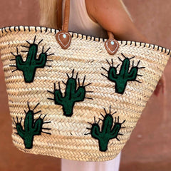 Straw Beach Tote with Cactus Embroidery