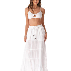 Lightweight cotton tiered maxi skirt with drawstring waist and pockets for women in a relaxed flowy silhouette