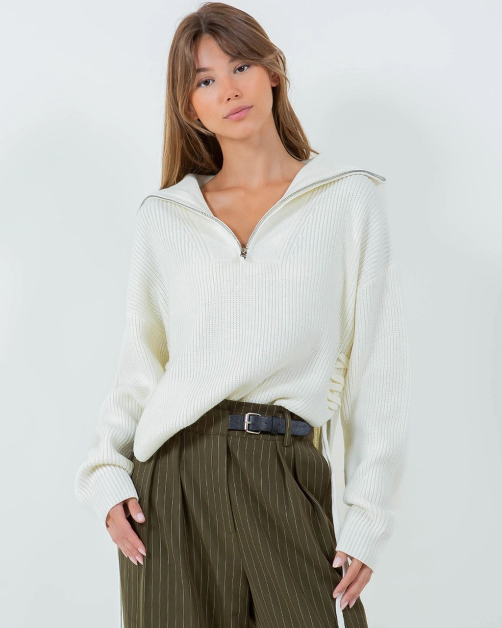 Side Tie Zip Sweater