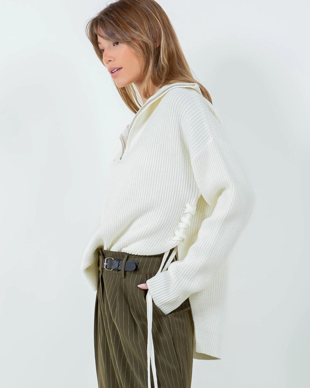 Side Tie Zip Sweater